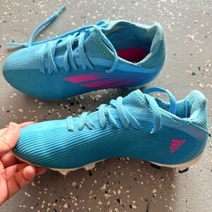 adidas Kids Blue Soccer Cleats with Pink Stripes